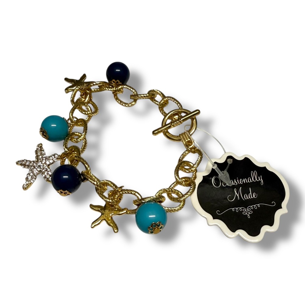 Occasionally Made Goldtone Starfish Charm Bracelet Nautical Coastal Beads NWT